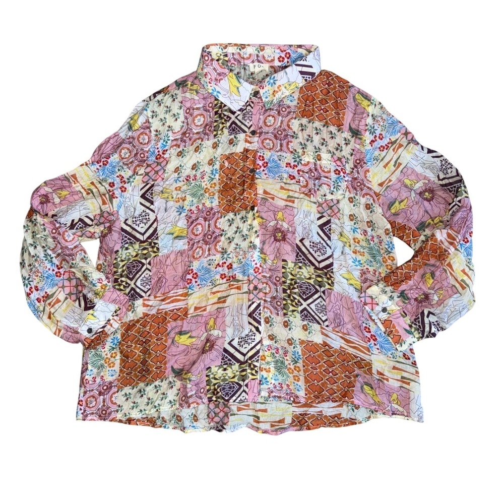 POL Patchwork Print Button Down Shirt Womens Larg… - image 1
